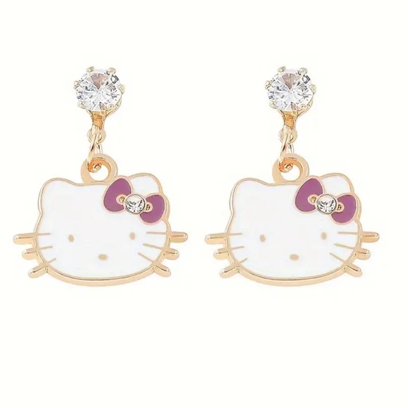 Hello Kitty 925 Sterling Silver Rhinestone Dangle Earrings purple‎ bow - Picture 1 of 4